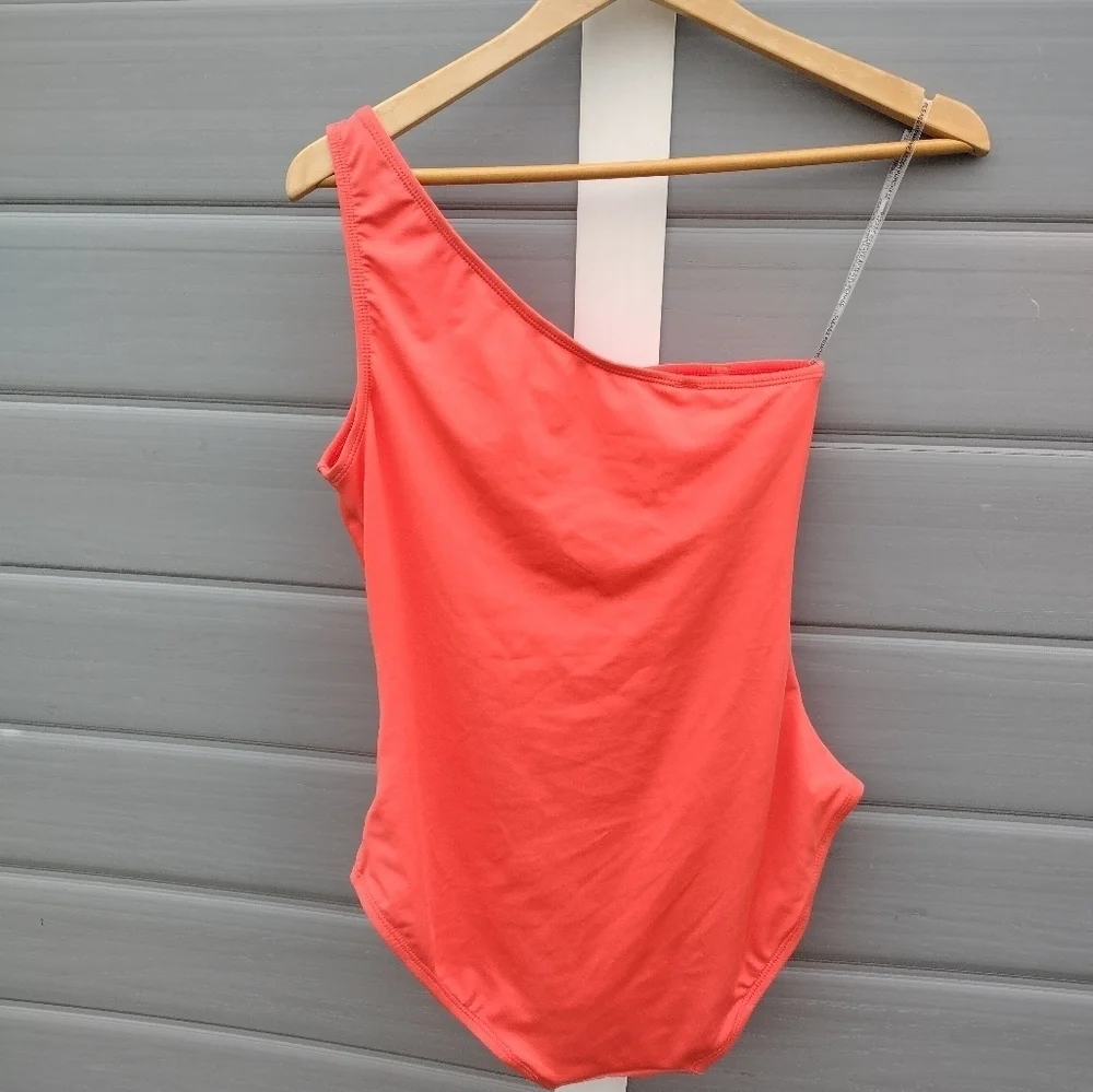 Carmen Marc Valvo Asymmetrical Cut Out One Shoulder Swimsuit Hot Coral Sz 14